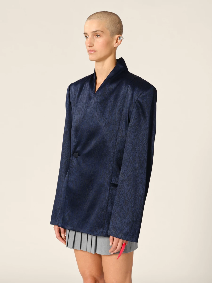 Dark Blue Double-Breasted High Draped Collar Fur Jacquared Blazer