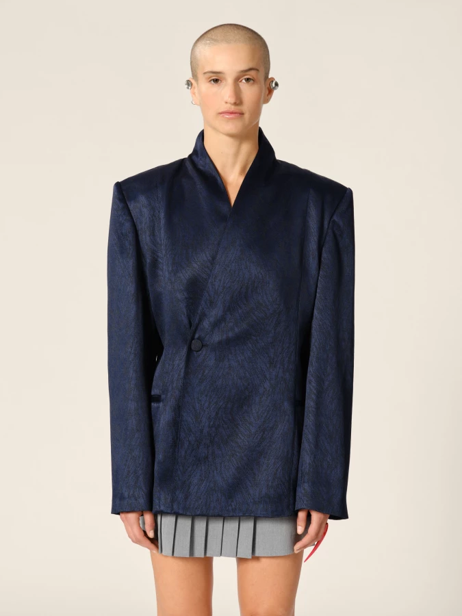 Dark Blue Double-Breasted High Draped Collar Fur Jacquared Blazer