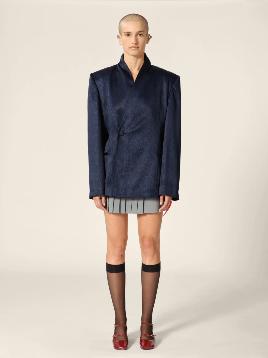 Blazer Blu Scuro Doppio petto con collo alto in Jacquard motivo pelliccia