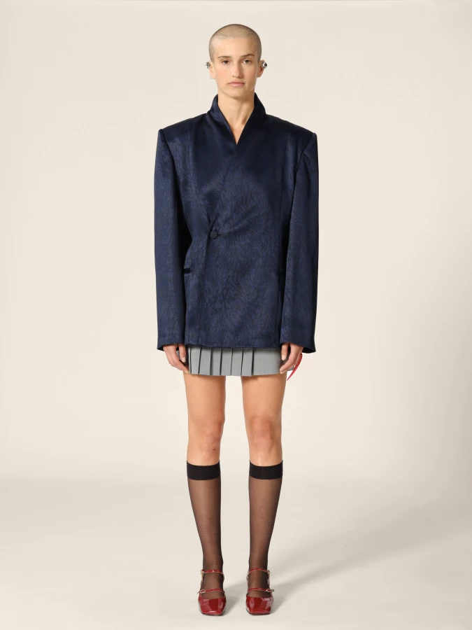 Blazer Blu Scuro Doppio petto con collo alto in Jacquard motivo pelliccia