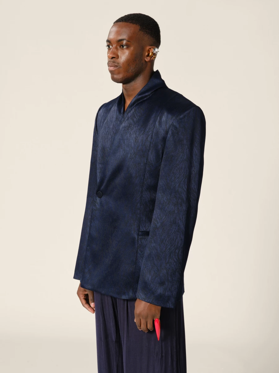 Dark Blue Double-Breasted High Draped Collar Fur Jacquared Blazer