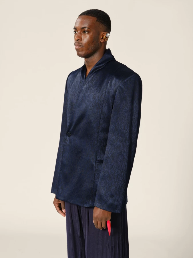 Dark Blue Double-Breasted High Draped Collar Fur Jacquared Blazer
