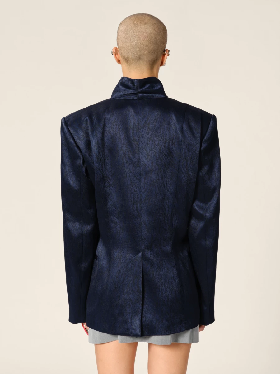 Dark Blue Double-Breasted High Draped Collar Fur Jacquared Blazer