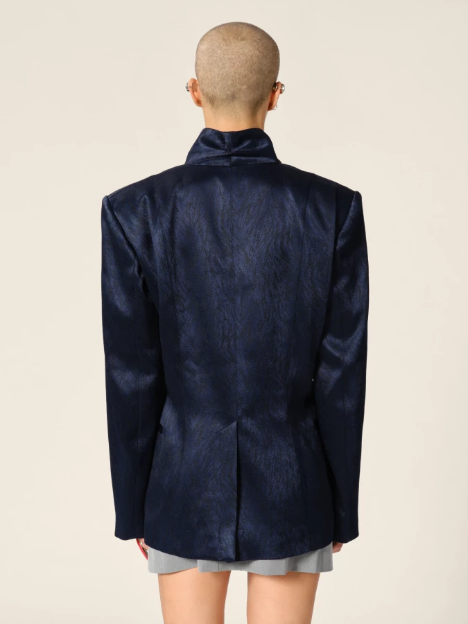 Blazer Blu Scuro Doppio petto con collo alto in Jacquard motivo pelliccia