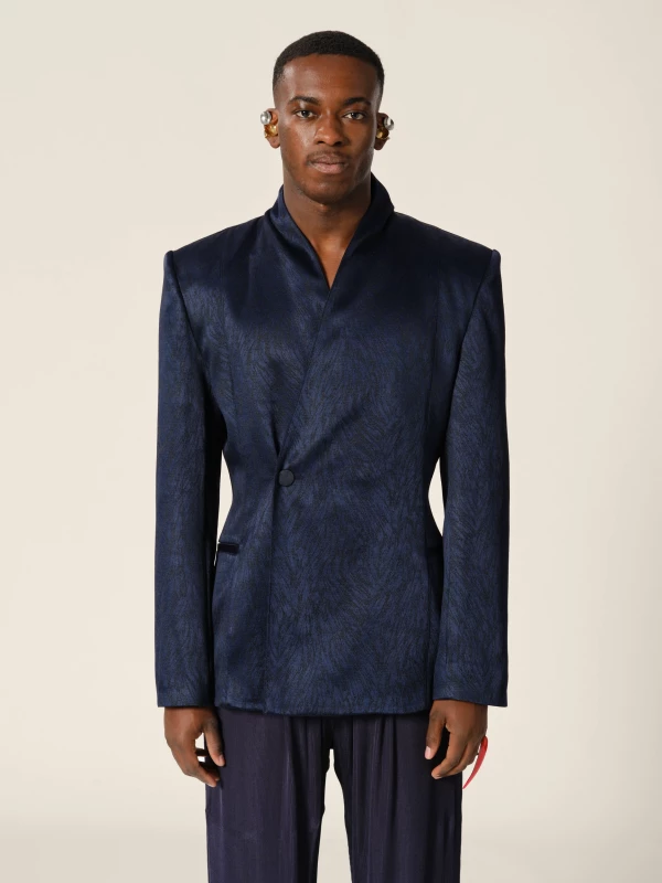 Blazer Blu Scuro Doppio petto con collo alto in Jacquard motivo pelliccia 2