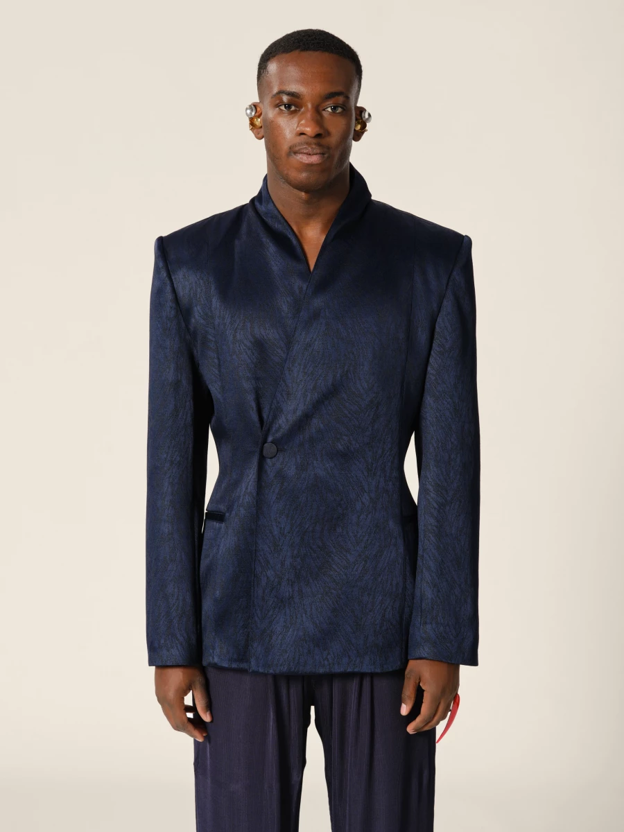 Blazer Blu Scuro Doppio petto con collo alto in Jacquard motivo pelliccia
