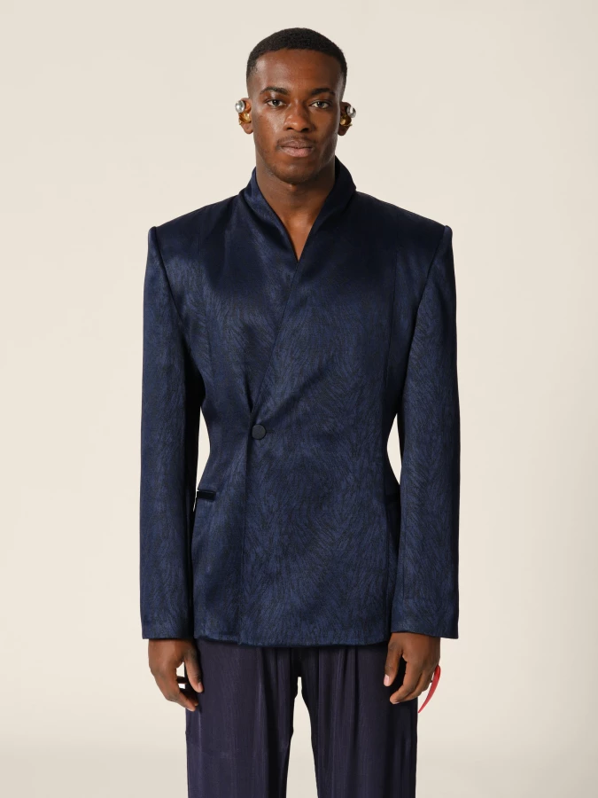 Blazer Blu Scuro Doppio petto con collo alto in Jacquard motivo pelliccia
