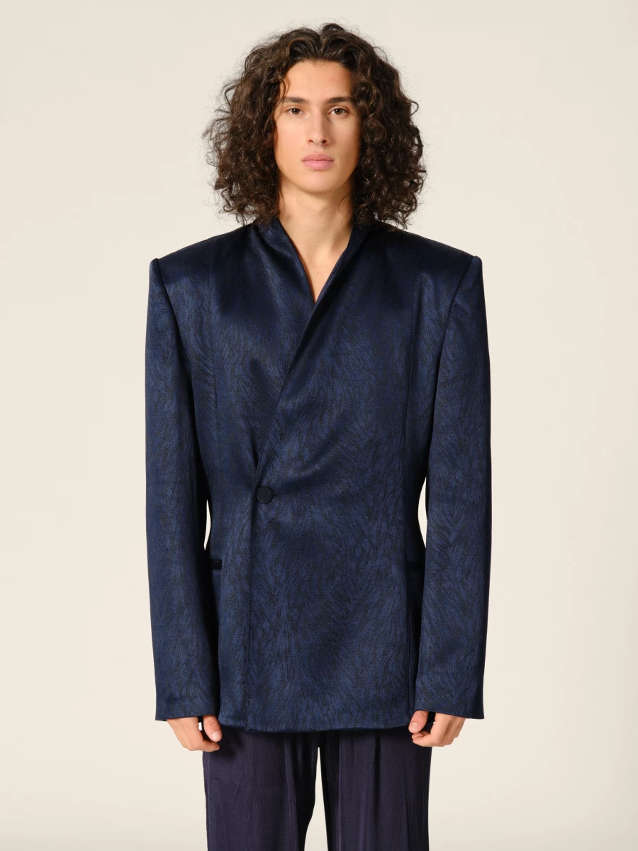 Blazer Blu Scuro Doppio petto con collo alto in Jacquard motivo pelliccia