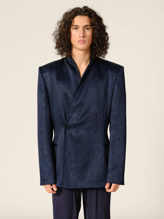 Dark Blue Double-Breasted High Draped Collar Fur Jacquared Blazer