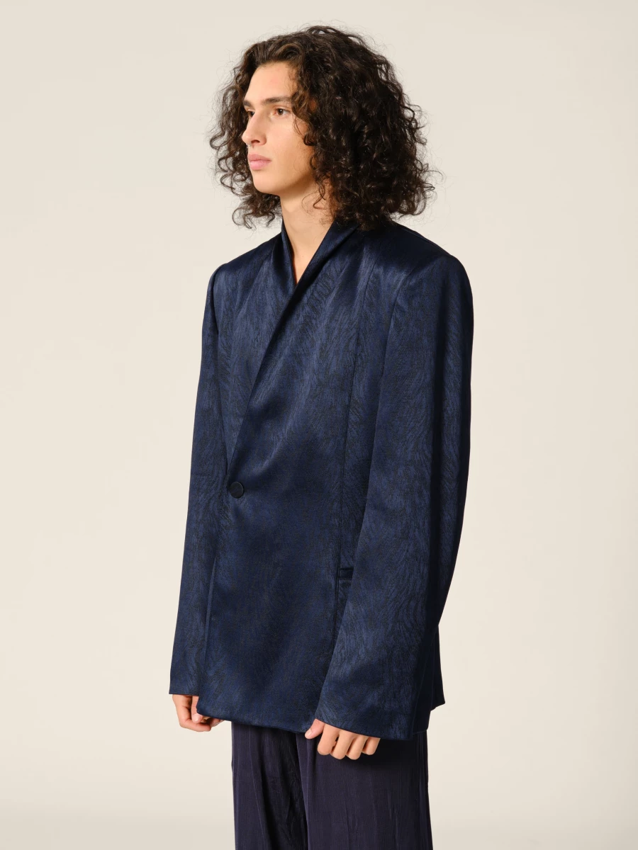 Blazer Blu Scuro Doppio petto con collo alto in Jacquard motivo pelliccia