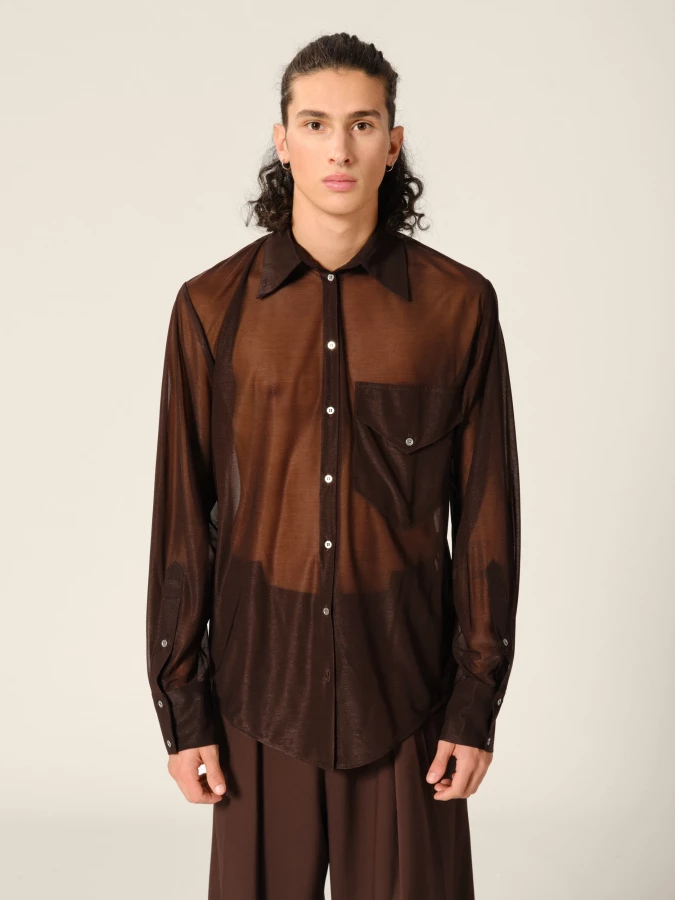 Top con trasparenze Marrone con colletto a Camicia