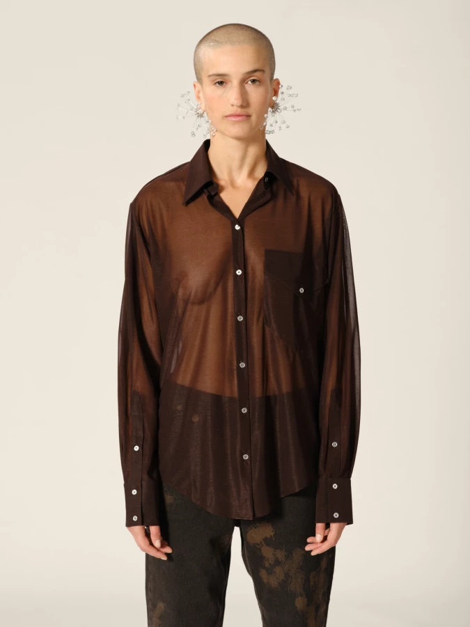 Top con trasparenze Marrone con colletto a Camicia