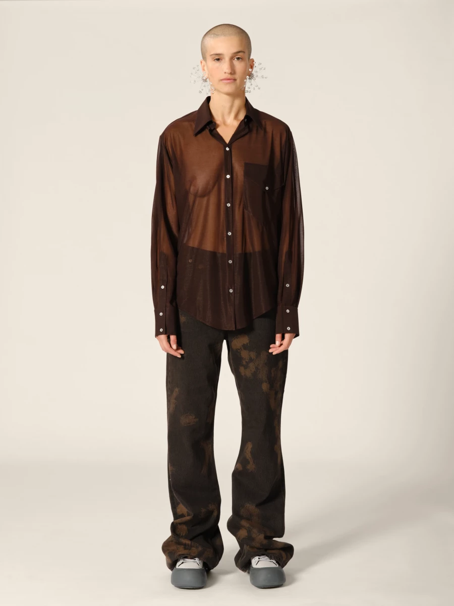 Top con trasparenze Marrone con colletto a Camicia