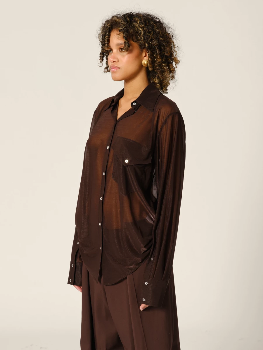 Top con trasparenze Marrone con colletto a Camicia