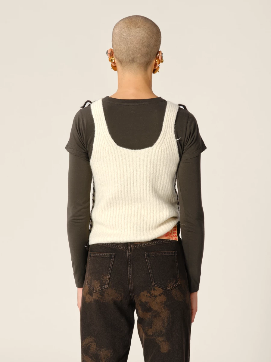 Tank Top Avorio in puro Cashmere a costine con dettagli a contrasto