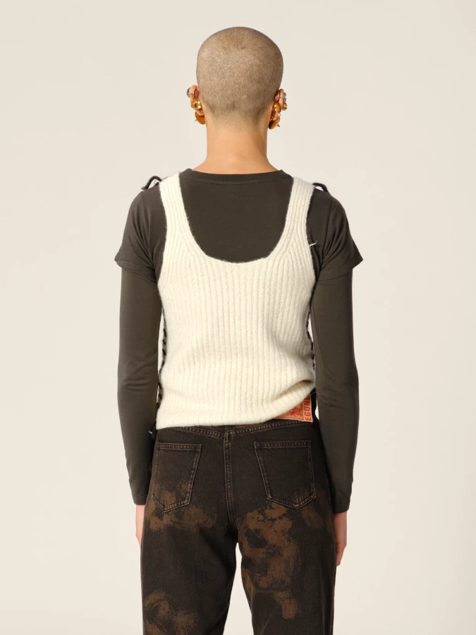 Tank Top Avorio in puro Cashmere a costine con dettagli a contrasto