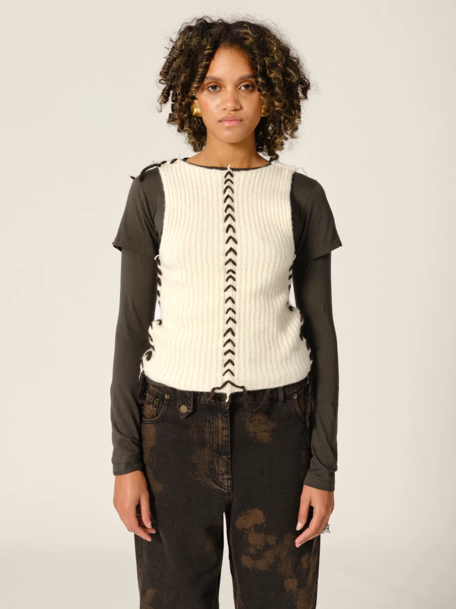 Tank Top Avorio in puro Cashmere a costine con dettagli a contrasto