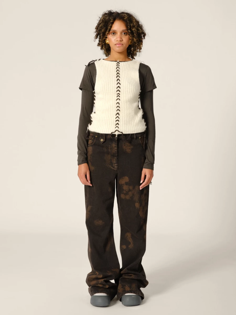 Ivory Knit Cropped Ribbed Cashmere Tank Top with Contrasting Details