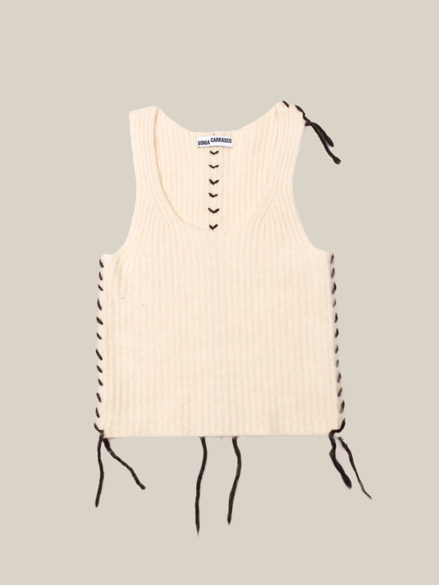 Tank Top Avorio in puro Cashmere a costine con dettagli a contrasto