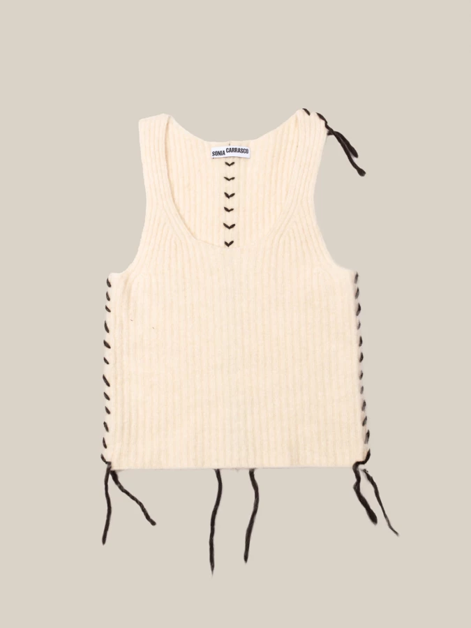 Ivory Knit Cropped Ribbed Cashmere Tank Top with Contrasting Details
