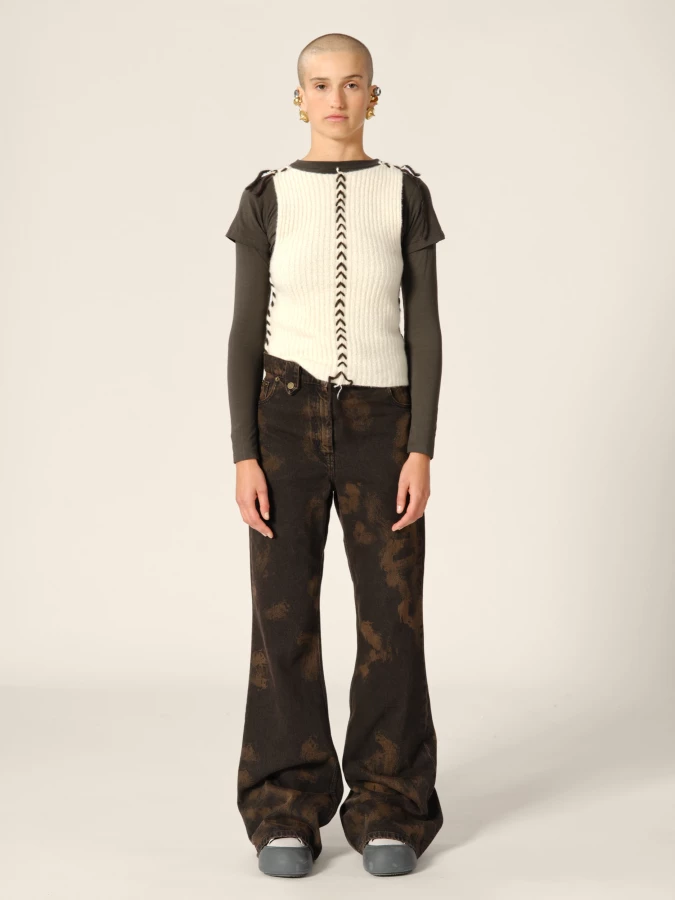 Ivory Knit Cropped Ribbed Cashmere Tank Top with Contrasting Details