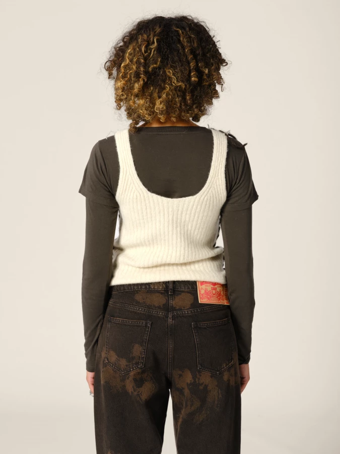 Ivory Knit Cropped Ribbed Cashmere Tank Top with Contrasting Details