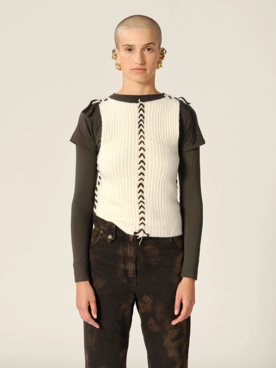 Ivory Knit Cropped Ribbed Cashmere Tank Top with Contrasting Details