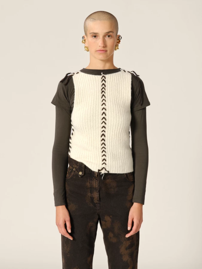 Tank Top Avorio in puro Cashmere a costine con dettagli a contrasto