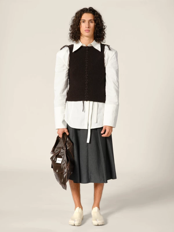 Brown Knit Cropped Ribbed Cashmere Tank Top with Contrasting Details