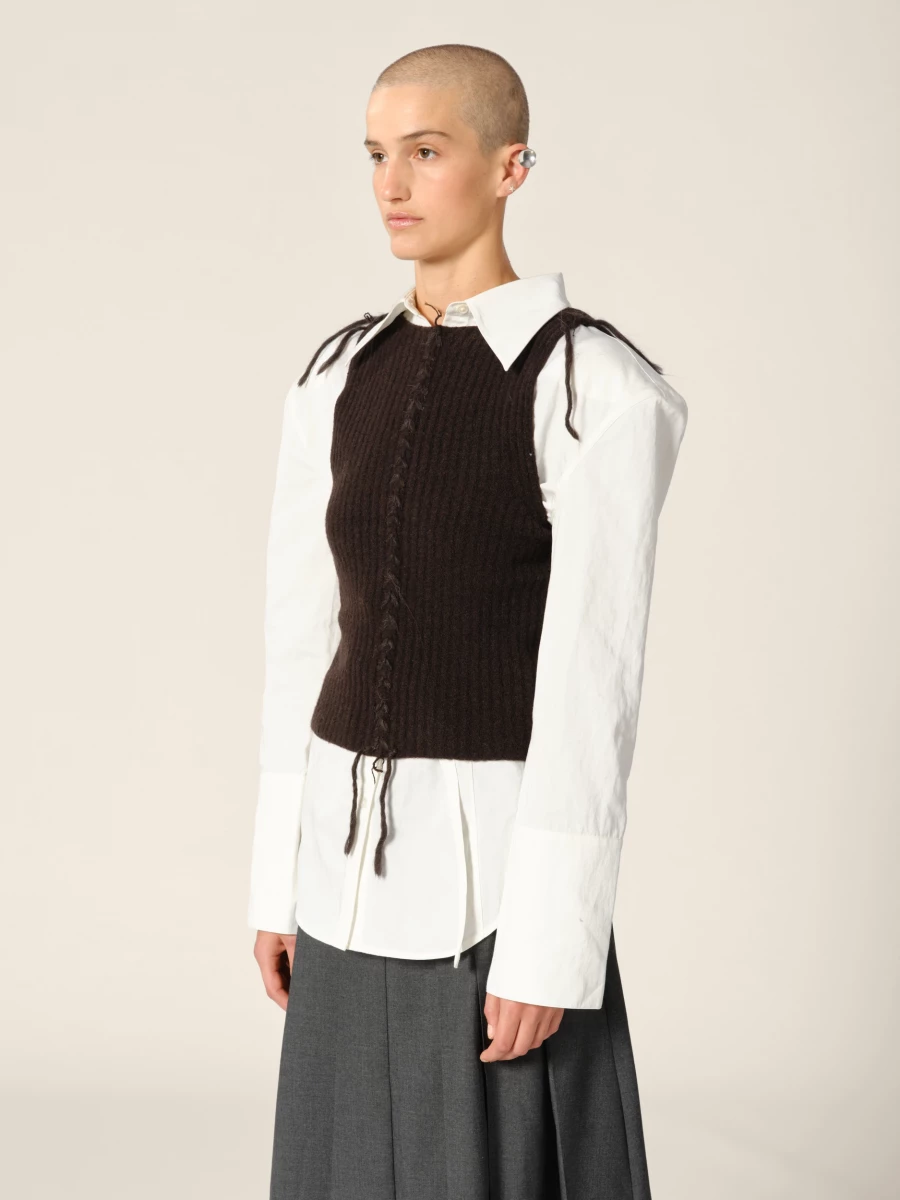 Brown Knit Cropped Ribbed Cashmere Tank Top with Contrasting Details