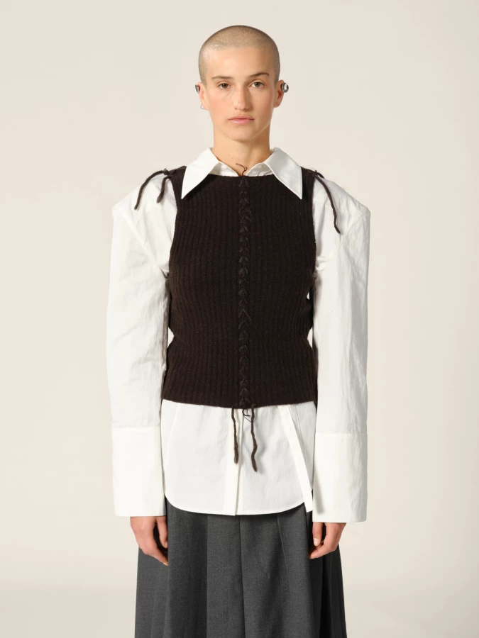 Brown Knit Cropped Ribbed Cashmere Tank Top with Contrasting Details