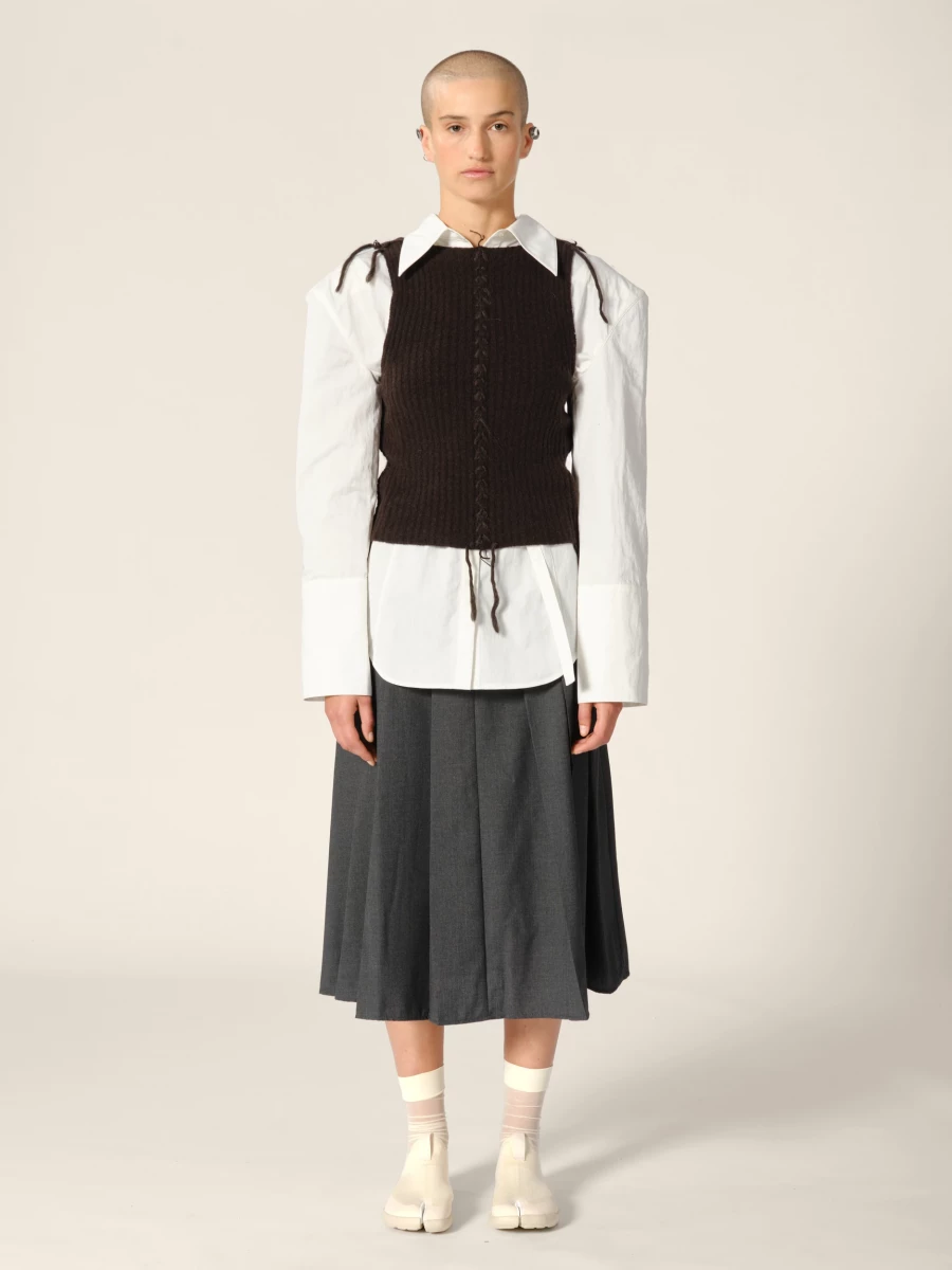 Brown Knit Cropped Ribbed Cashmere Tank Top with Contrasting Details