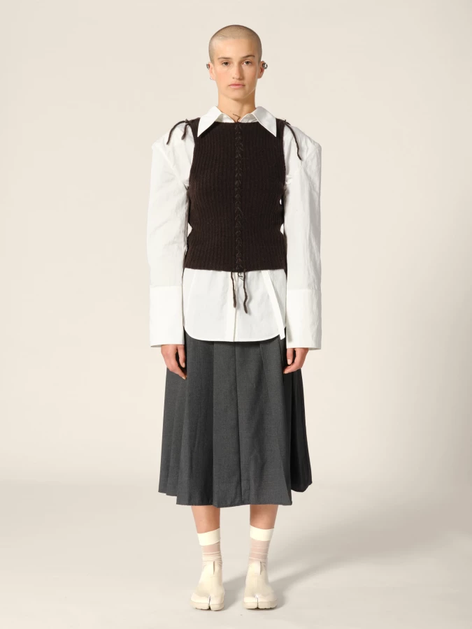 Brown Knit Cropped Ribbed Cashmere Tank Top with Contrasting Details