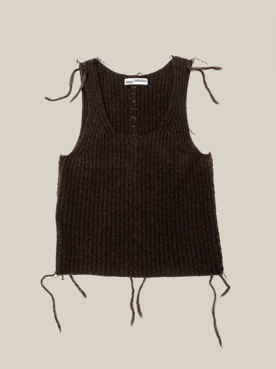 Tank Top Marrone in puro Cashmere a costine con dettagli a contrasto