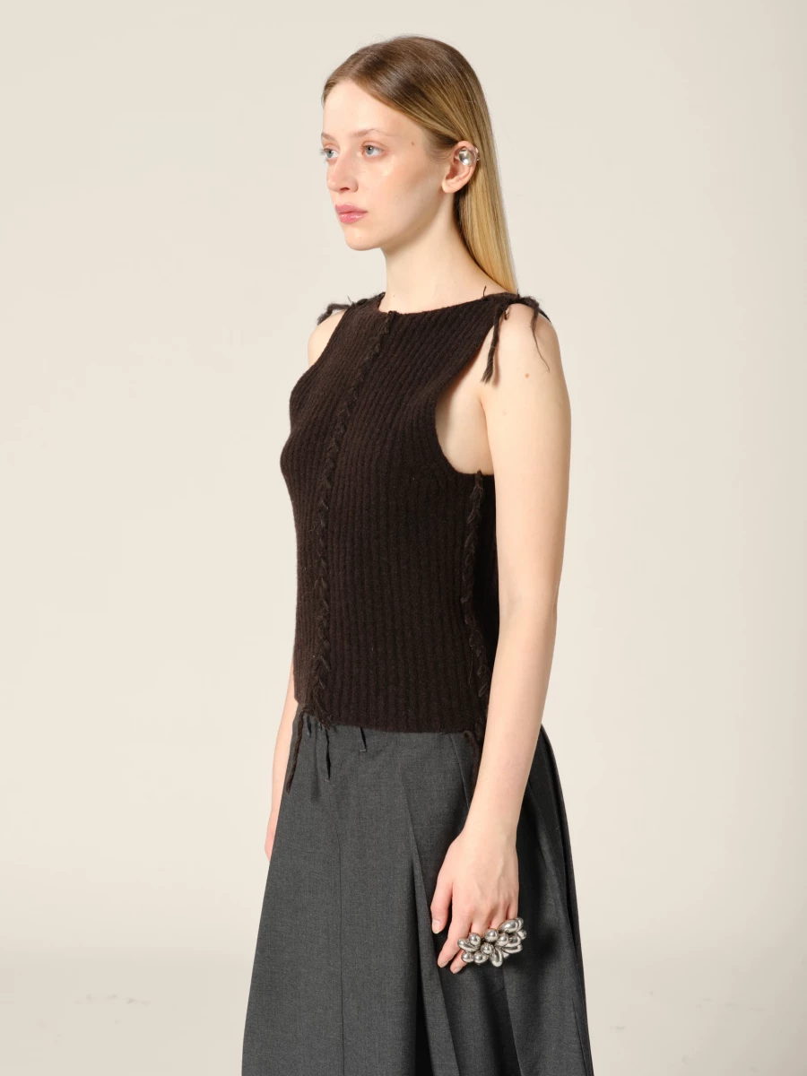 Brown Knit Cropped Ribbed Cashmere Tank Top with Contrasting Details