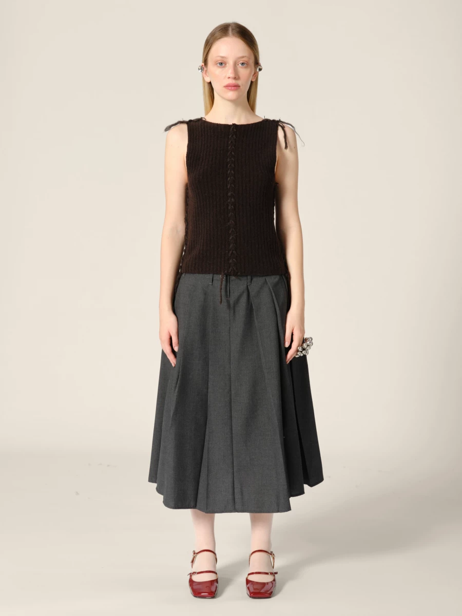 Brown Knit Cropped Ribbed Cashmere Tank Top with Contrasting Details