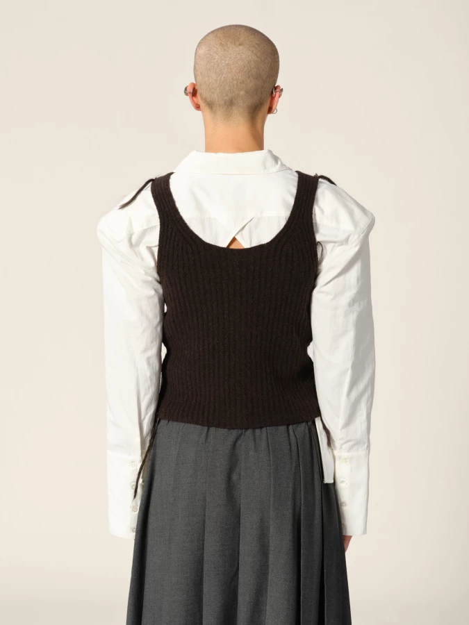 Brown Knit Cropped Ribbed Cashmere Tank Top with Contrasting Details