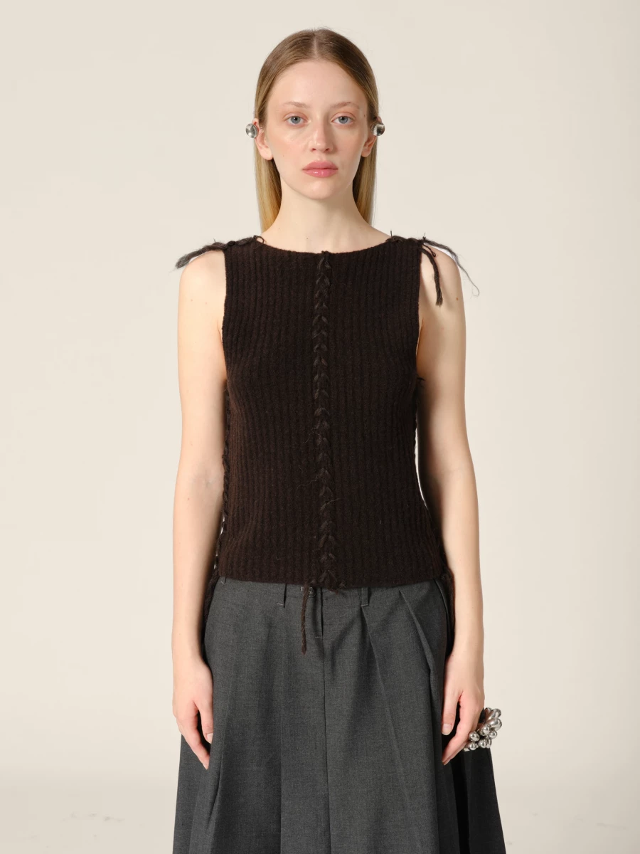 Tank Top Marrone in puro Cashmere a costine con dettagli a contrasto