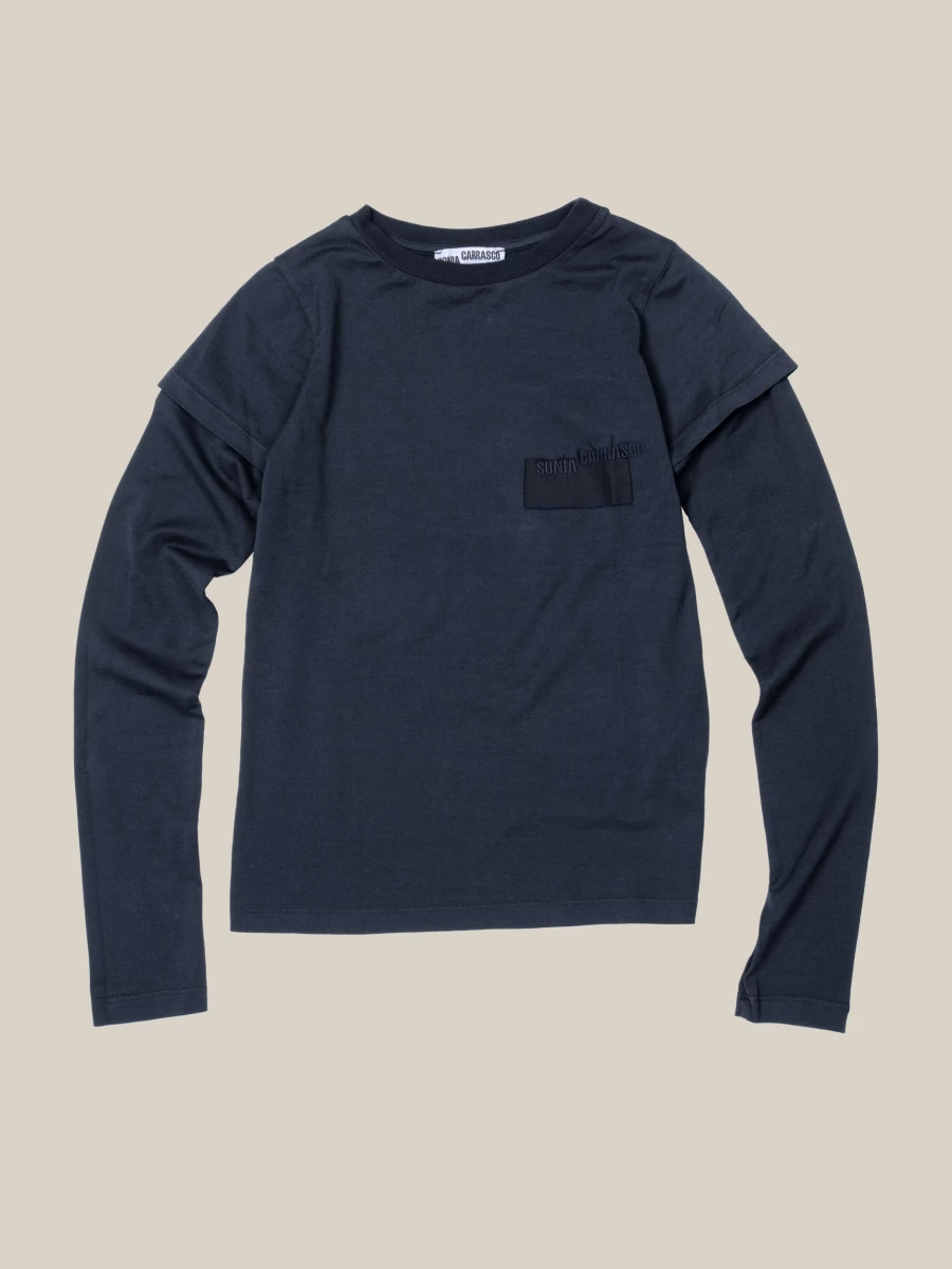 T-Shirt Blu Scuro 'Baby' a Doppia Manica in Cotone Organico