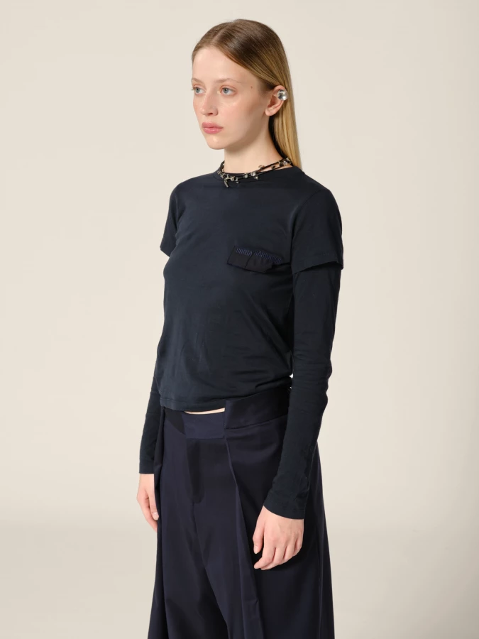 T-Shirt Blu Scuro 'Baby' a Doppia Manica in Cotone Organico