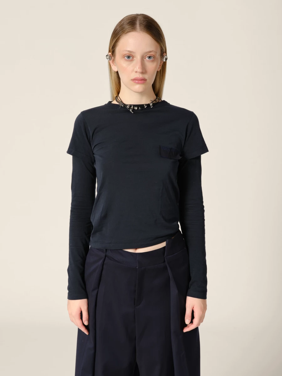 T-Shirt Blu Scuro 'Baby' a Doppia Manica in Cotone Organico