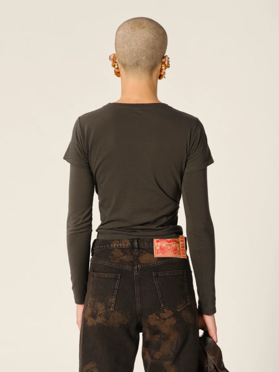 Brown 'Baby' Double Sleeves Organic Cotton T-Shirt