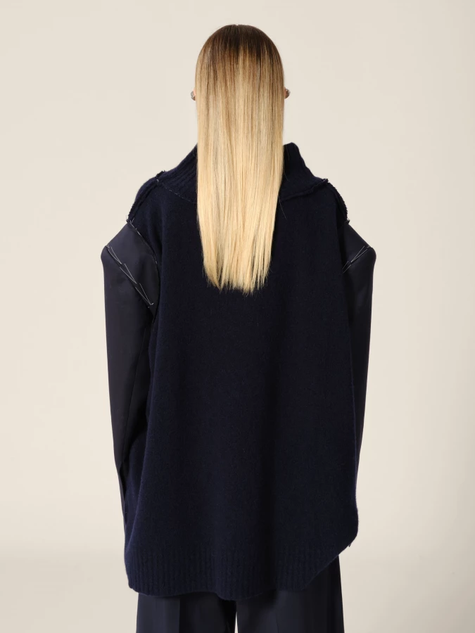 Dark Blue Knit Cashmere Sweater and Blazer Sleeves in Upcycled Wool