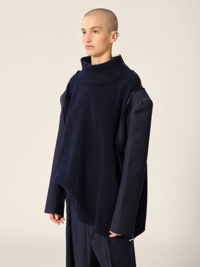 Dark Blue Knit Cashmere Sweater and Blazer Sleeves in Upcycled Wool