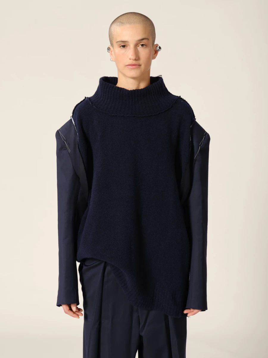 Dark Blue Knit Cashmere Sweater and Blazer Sleeves in Upcycled Wool