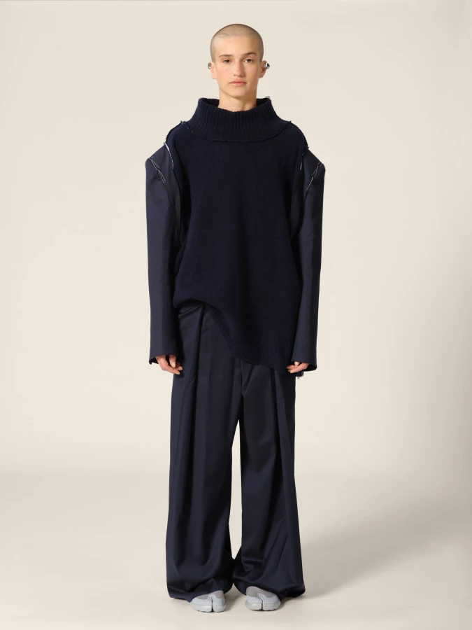 Dark Blue Knit Cashmere Sweater and Blazer Sleeves in Upcycled Wool