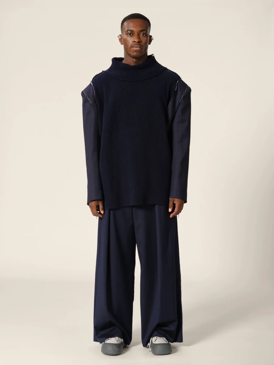 Dark Blue Knit Cashmere Sweater and Blazer Sleeves in Upcycled Wool