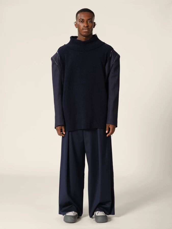 Dark Blue Knit Cashmere Sweater and Blazer Sleeves in Upcycled Wool