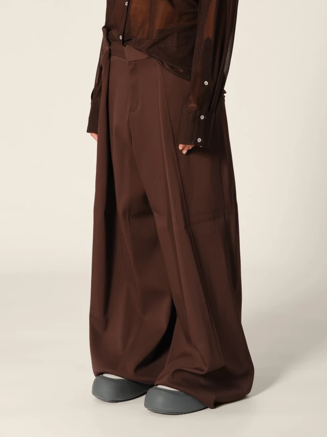 Brown Folded Upcycled Wool Wide Leg Trousers