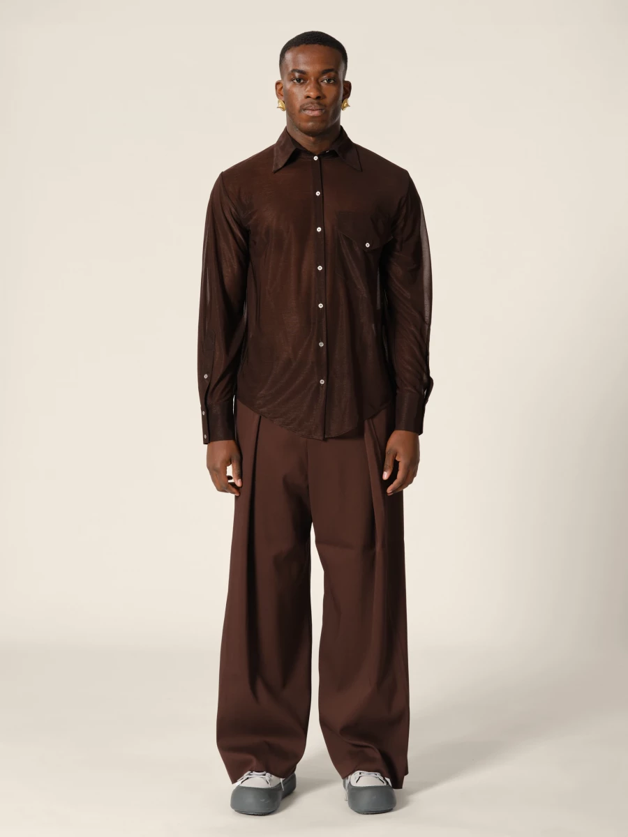 Brown Folded Upcycled Wool Wide Leg Trousers